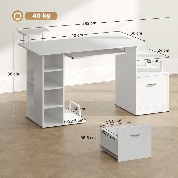 HOMCOM Computer Desk with Drawer Shelves CPU Storage Rack White