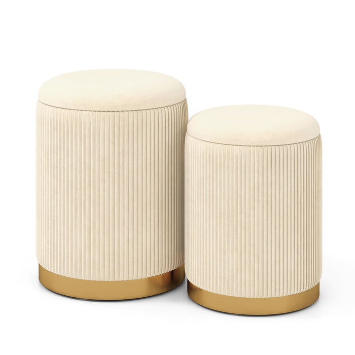 Velvet Storage Ottoman Set of 2 with Gold Stainless Steel Hoop-