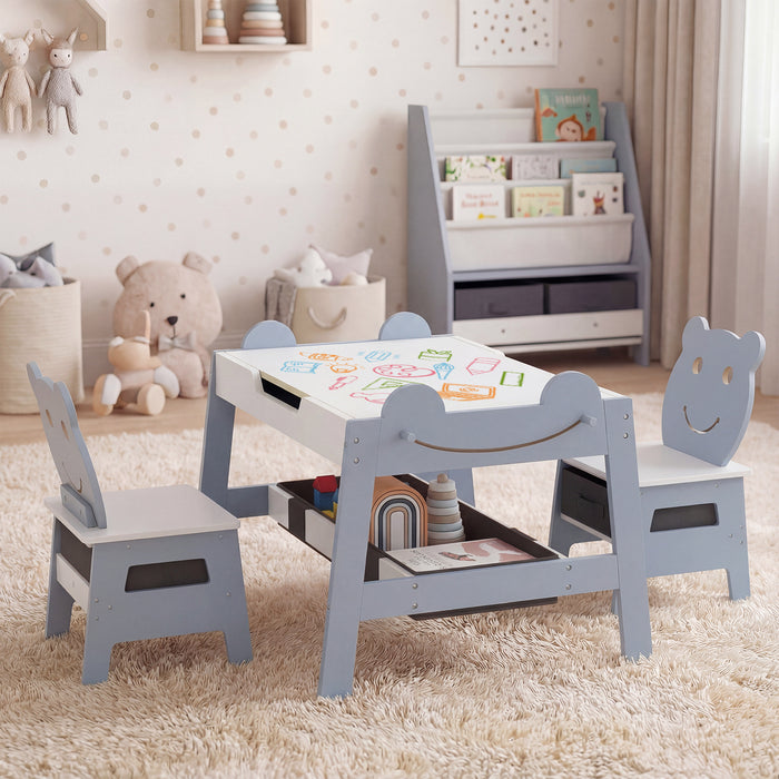 Versatile Kids Table and 2 Chairs Set Wooden Activity Table with Detachable Double-sized Tabletop for boys and girls-