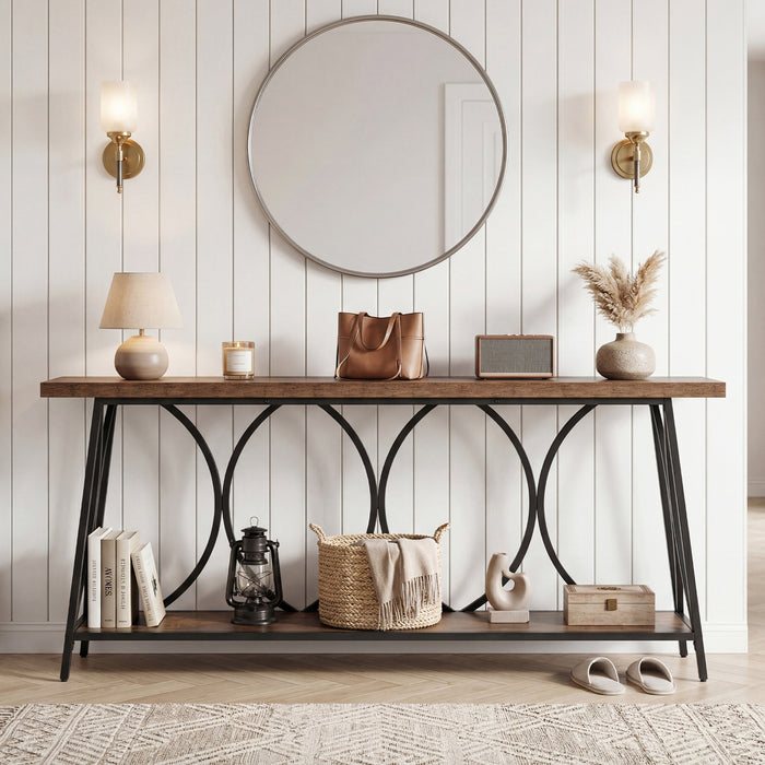 Vintage Console Table with 2-Tier Storage for Living Room-Rustic Brown
