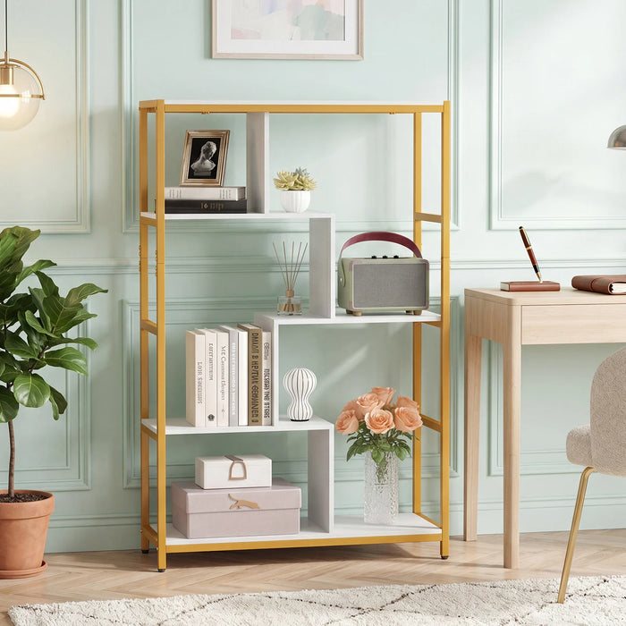 Vintage Open Storage Shelving Unit with Metal Frame for Home Office-White