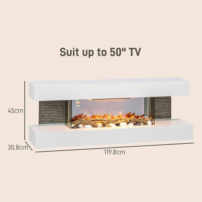 HOMCOM 47inch / 120cm Electric Fireplace Wall Mounted, Freestanding, Glass Electric Fire Suite with Mantel, Adjustable LED Flame Effect, Log, Pebble, Remote Control, 2000W, White | Aosom UK