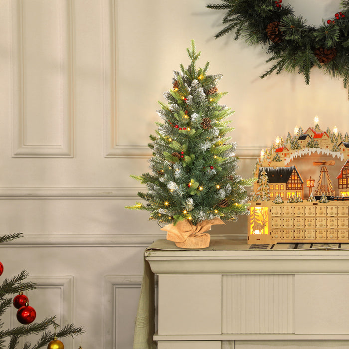 HOMCOM 2 Pieces 3ft Prelit Artificial Christmas Tree with LED Light and 291 Tips, Concrete Base, Tabletop Xmas Tree with Pine Cones and Red Berries, Green