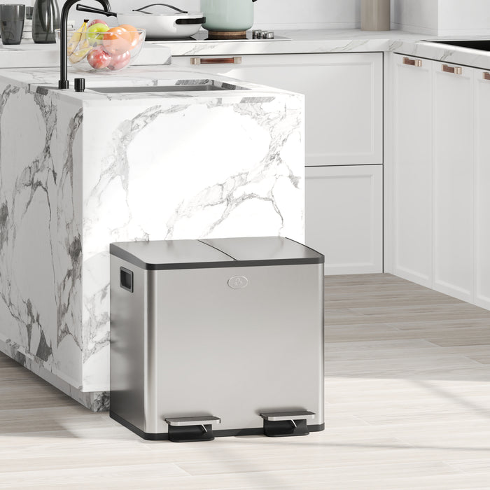 HOMCOM 30L Dual Compartment Stainless Steel Bin, with Deodoriser Holders - Silver Tone