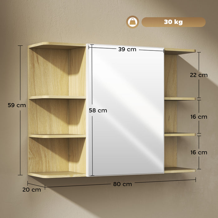 HOMCOM Bathroom Mirror Cabinet with Open Storage Shelves - Natural Wood Finish