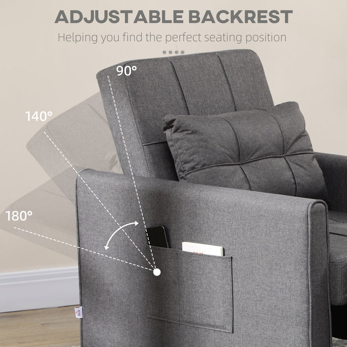 HOMCOM Single Sofa Bed, Pull Out Chair Bed, Convertible Sleeper Chair with Adjustable Backrest, Pillow, Side Pockets for Home Office, Bedroom, Living Room, Grey