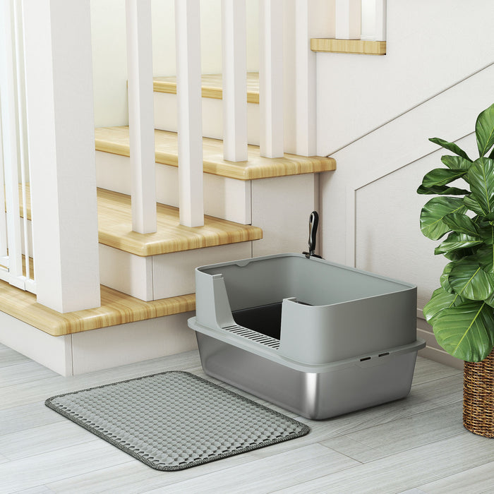 PawHut High Sided Stainless Steel Litter Box, Metal Cat Litter Tray with Metal Scoop, Litter Mat, Never Absorbs Odors, Grey