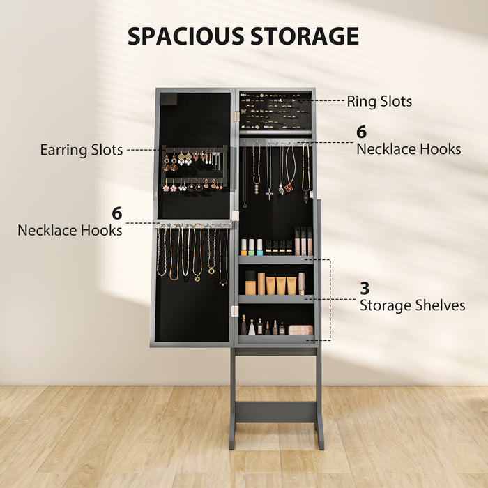 HOMCOM Free Standing Mirror Jewelry Cabinet with LED Lights, Jewellery Organiser with 3 Angle Adjustable, Full-Length Mirror with Storage for Earrings, Necklaces, Rings and Lipsticks, Grey