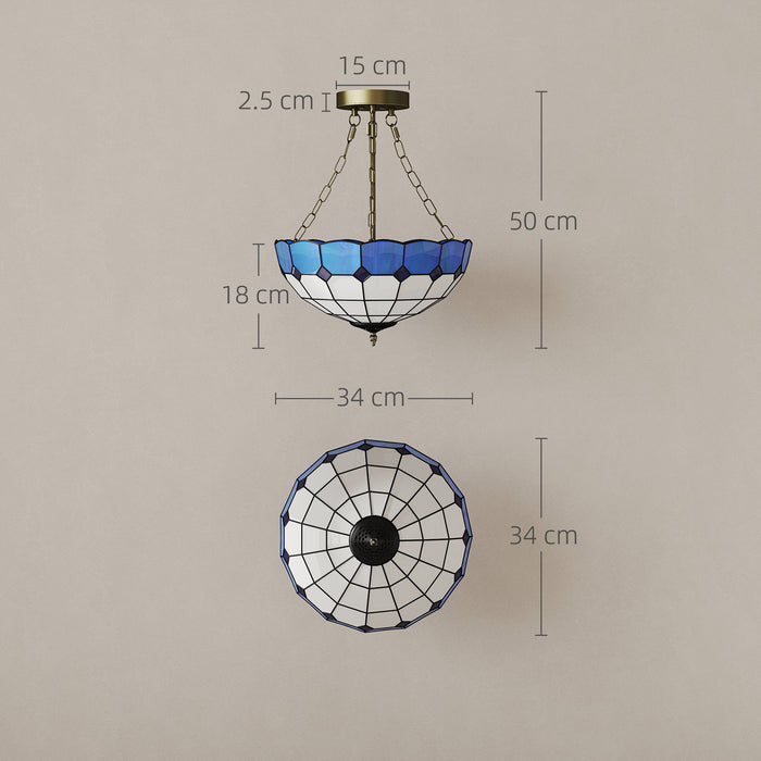 HOMCOM Tiffany Style Ceiling Light, Vintage Chandelier with 3 E27 Sockets, Semi Flush Mount for Living Room, Bulbs Not Included