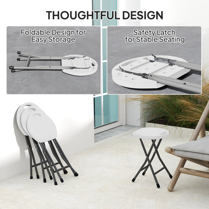 Outsunny Folding Stool Set of 4, Decorative Garden Stool Set with Safety Latch, Foldable Garden Stools with Powder-Coated Steel Legs HDPE Seat and Handle for Indoor and Outdoor, White