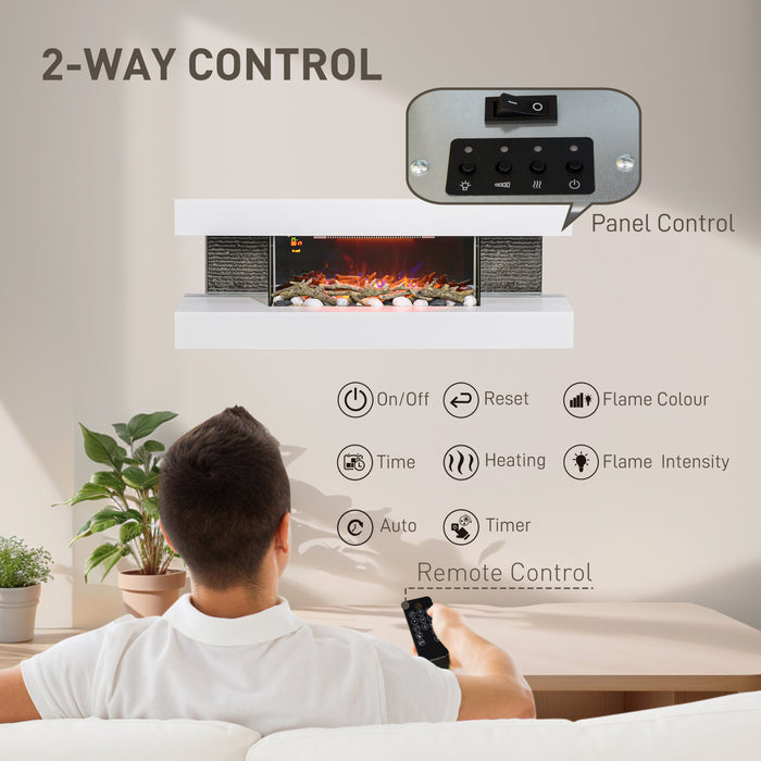HOMCOM 47inch / 120cm Electric Fireplace Wall Mounted, Freestanding, Glass Electric Fire Suite with Mantel, Adjustable LED Flame Effect, Log, Pebble, Remote Control, 2000W, White | Aosom UK