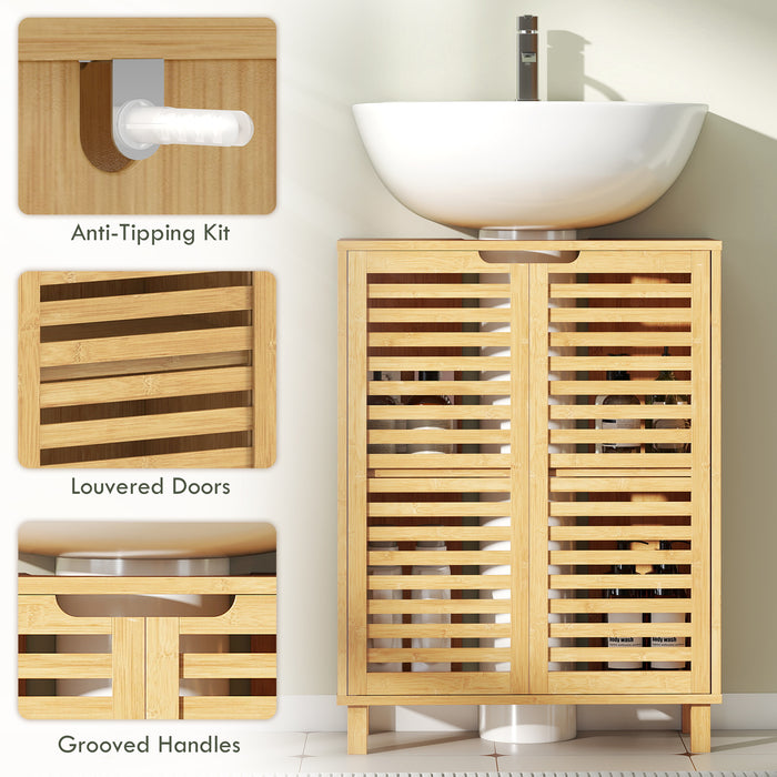 HOMCOM Under Sink Bathroom Cabinet, Freestanding Bamboo Under Sink Cabinet with Louvered Doors and Adjustable Shelf, Natural