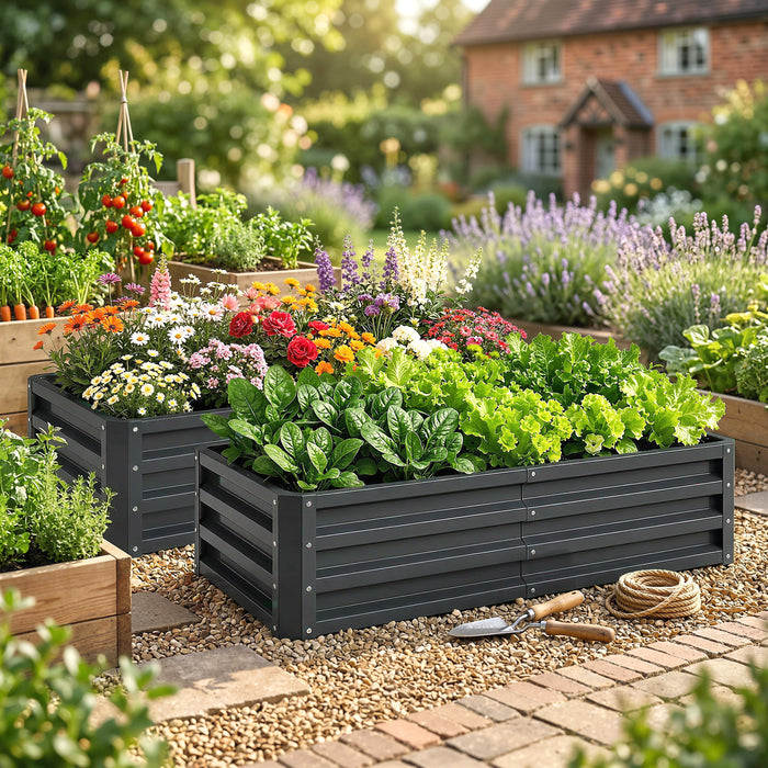 Outsunny Set of 2 Raised Beds for Garden, Galvanised Outdoor Planters for Herbs Vegetables, Use for Patio Balcony, Grey