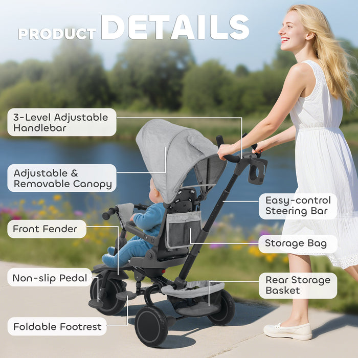 AIYAPLAY 6 in 1 Foldable Kids Trike with Adjustable Parent Handle & Canopy for Ages 1-5, Grey