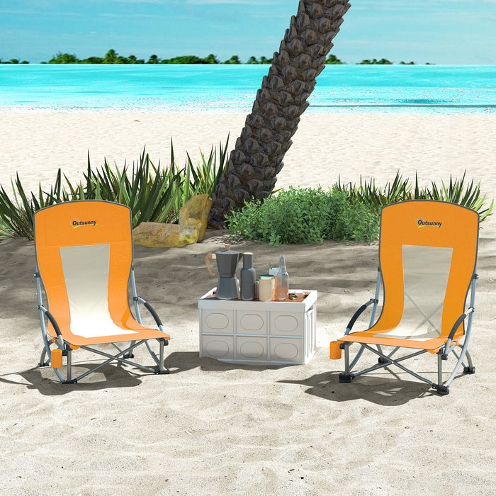 Outsunny Set of 2 Folding Beach Chair, Low Camping Chair with Mesh Back, Carry Bag and Cup Holder for Garden Outdoor Picnic Festival Travel, Orange