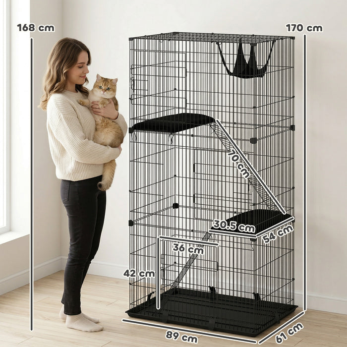 PawHut 3-Tier Large Cat Cage Indoor, Detachable Metal Wire Kennel with Hammock, Platforms, Tray and Cushions for 1-2 Kittens