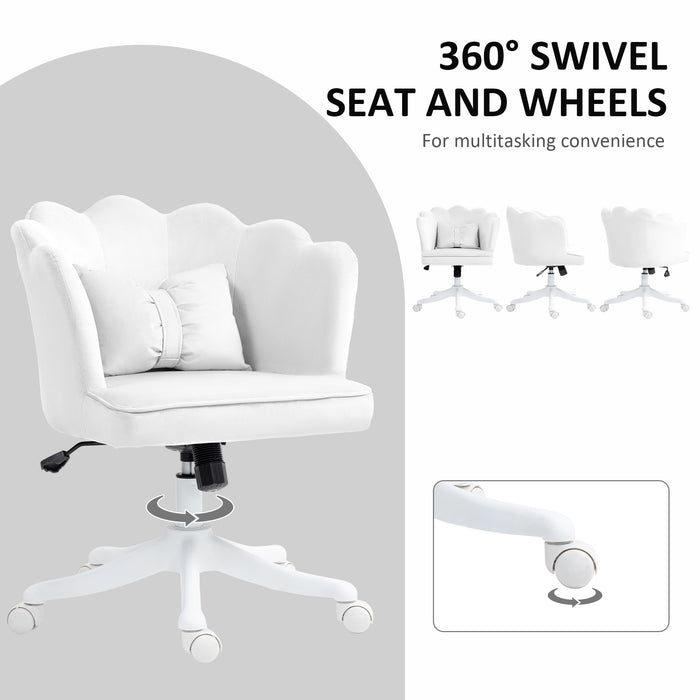 HOMCOM Velvet Office Chair with Petal Shell Back and Lumbar Pillow, Armless Desk Chair with Wide Seat and Tilt Function, Height Adjustable Swivel Makeup Vanity Chair for Bedroom, White