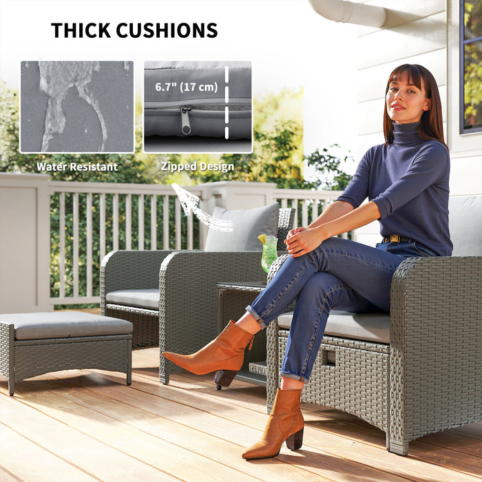 Outsunny Five Piece Rattan Garden Furniture Set with 2-Tier Coffee Table and Ottomans - Grey