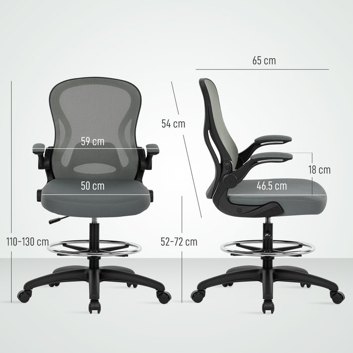 Vinsetto Draughtsman Chair with Flip-up Armrests, Mesh Standing Desk Chair with Lumbar Support and Adjustable Foot Ring for Bar Counter, Charcoal Grey