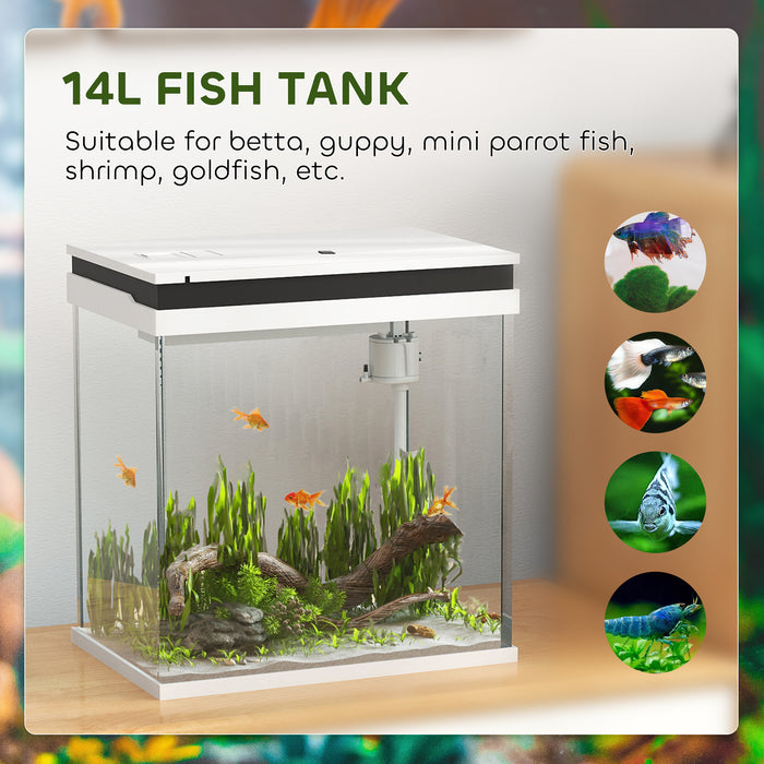 PawHut 14L Glass Fish Tank with Filter System, LED Lights, Water Pump, White