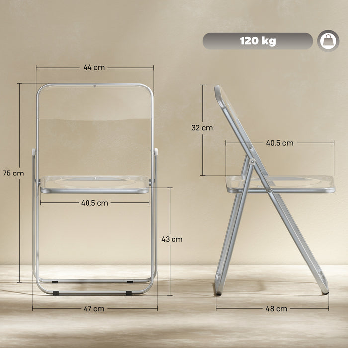 HOMCOM Foldable Chairs, Folding Chairs with Transparent Seat and Backrest, Heavy Duty Steel Frame, 47W x 48D x 75H cm, Clear