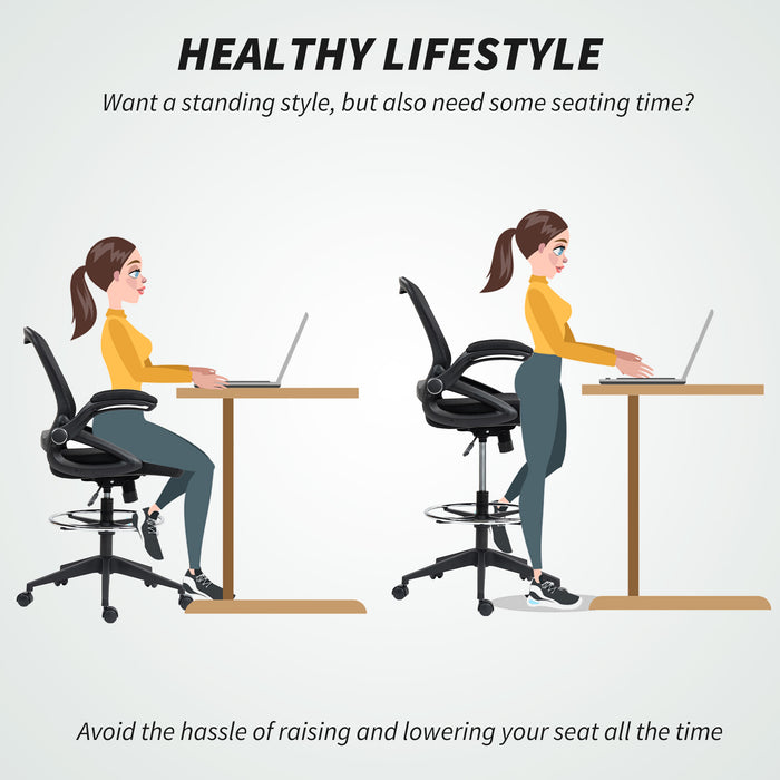 Vinsetto Drafting Chair with Flip-up Armrest, Mesh Office Stool with Foot Ring, 360° Swivel Height Adjustable Chair for Standing Desk, Black