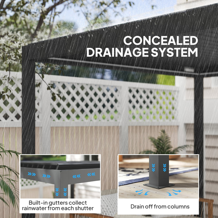 Outsunny 3 x 3(m) Electric Louvered Pergola with LED Lights, Aluminium Pergola Hardtop Gazebo with Remote, Adjustable Roof and Drainage System, Water and UV Proof