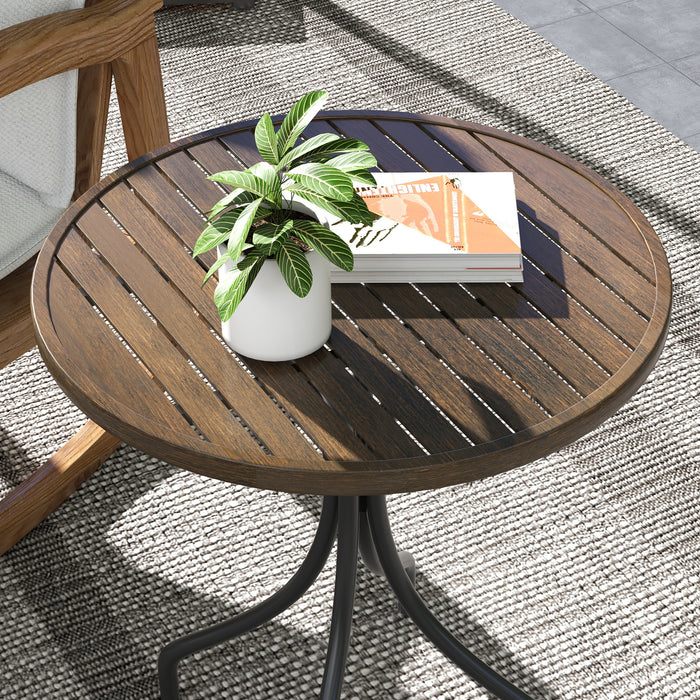 Outsunny Φ66cm Garden Side Table, Round Bistro Coffee Table, Outdoor Patio Table with Steel Frame and Slat Tabletop for Balcony and Porch, Brown Wood Grain