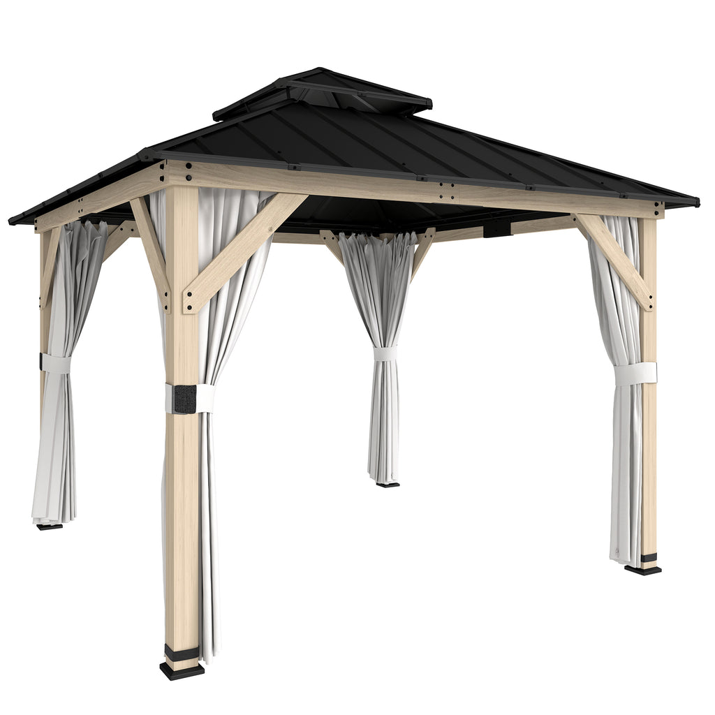 Outsunny 3 x 3 m Outdoor Hardtop Gazebo Canopy with 2-Tier Steel Roof, Wood Garden Gazebo with Curtains, Light Grey