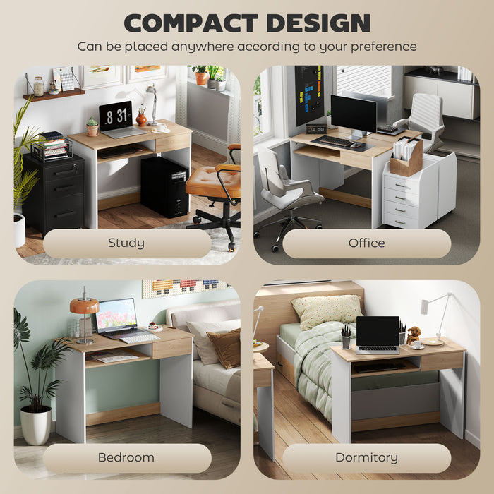 HOMCOM Compact Computer Desk with Keyboard Tray, Home Office Desk with Drawer for Bedroom Study, Oak