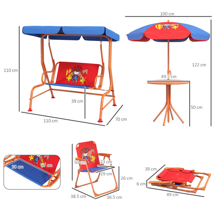 Kids Cowboy-Themed Garden Playset - 4-Piece Furniture with Adjustable Canopy, Table & Chairs, Swing Seat - Perfect for Patio & Porch Play, Ages 3-6 Years, Red & Blue