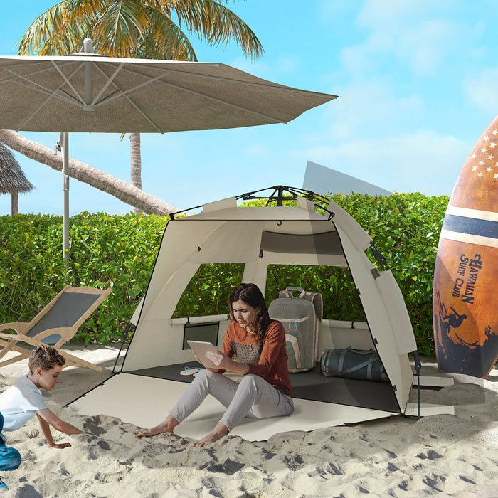 Pop-Up Beach Tent for 2-3 People - UPF 15+ Sun Protection, Extended Floor, Mesh Windows, Sandbag Anchors - Ideal for Sun Shelter and Outdoor Activities