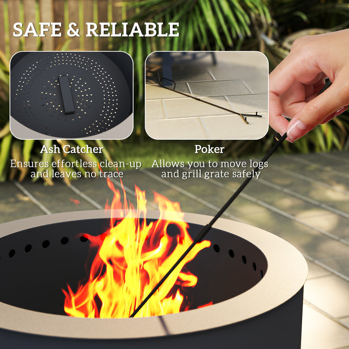 Outsunny Portable Fire Pit, 58 cm Round Firepit with Grill Grate, Fire Bowl with Ash Catcher and Poker, Fire Pit BBQ for Garden Camping Bonfire Picnic, Black