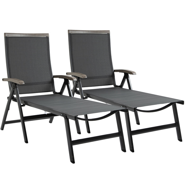 Outsunny Set of 2 Outdoor Folding Sun Loungers, 5-Position Adjustable Chaise Lounge Chairs with Aluminium Frame for Patio, Garden, Grey