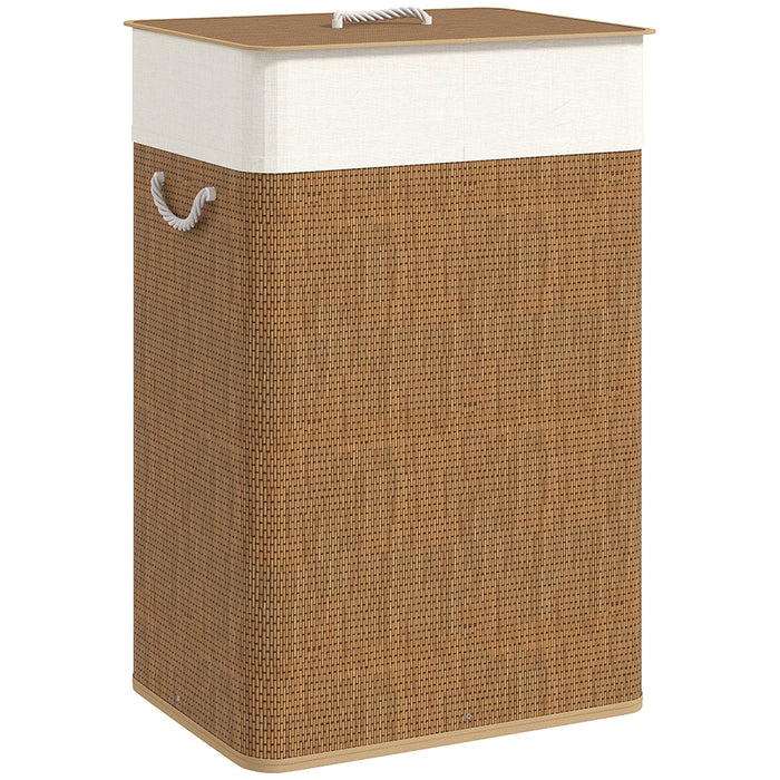 HOMCOM Bamboo Laundry Basket with Lid, 72L Laundry Hamper with Rope Handles, Washing Basket with Removable Washable Liner Bag for Bathroom, Bedroom, Brown