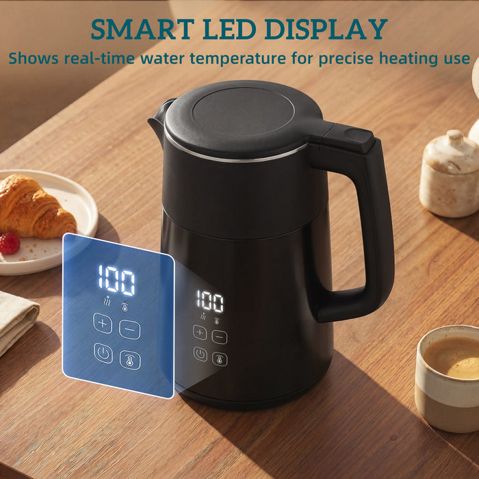 HOMCOM Electric Kettle, 1.7L Fast Boil 3kW Water Kettle with UK Strix Thermostat, LED Display, Keep Warm Function, Black