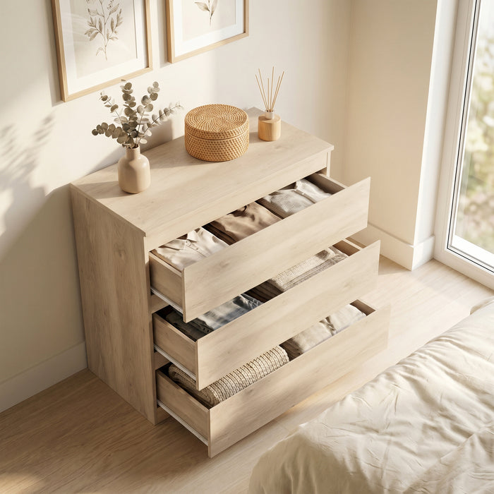 HOMCOM 3-Drawer Storage Organiser Unit, Chest of Drawers for Bedroom, Living Room, 80 x 39 x 73cm, Oak