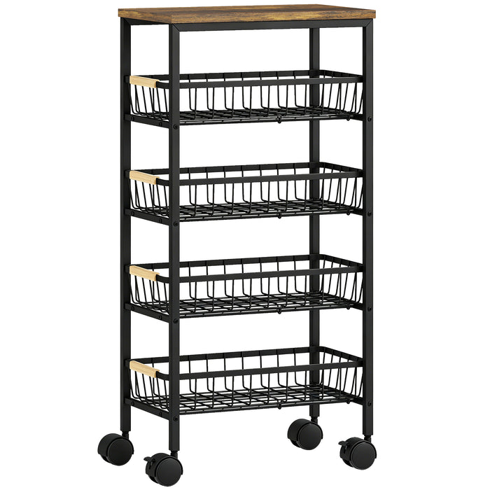 HOMCOM Metal Kitchen Trolley, 4-Tier Storage Trolley with Pull-Out Baskets and 4 Swivel Casters for Kitchen, Rustic Brown