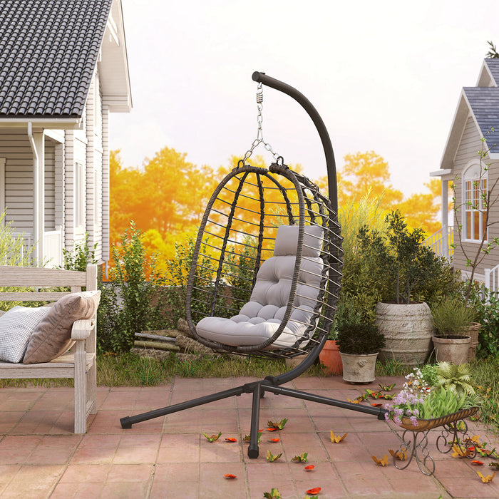 Outsunny Rattan Hanging Egg Chair, Foldable Wicker Hammock Swing Chair with Cushion, Stand, Adjustable Height, Head Pillow, Steel Frame for Garden Patio Indoor Outdoor, Light Grey