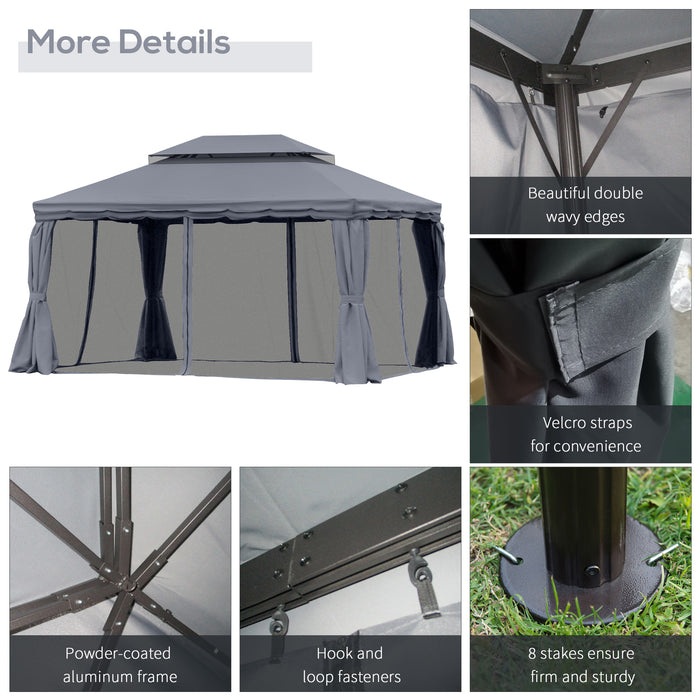 Outsunny 3 x 4m Aluminium Garden Gazebo, Marquee Canopy Shelter Pavilion Party Tent with Nets and Curtains for Garden and Deck, Dark Grey