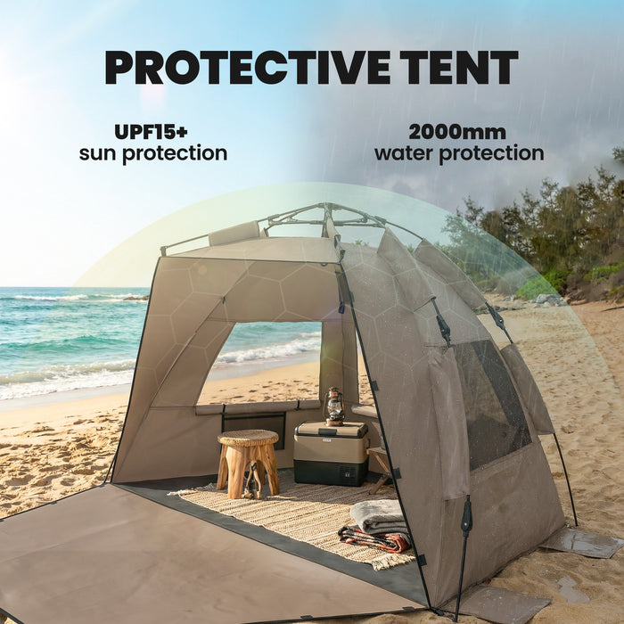 Outsunny 2-3 Person Pop Up Beach Tent, UPF15+ Sun Shelter with Extended Floor, Sandbags, Mesh Windows and Carry Bag, Brown