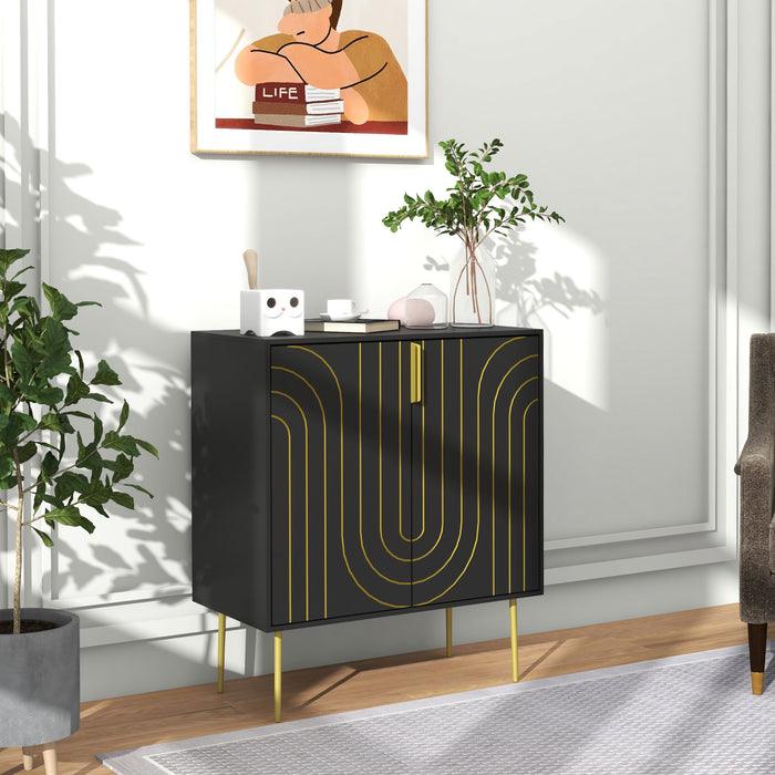 Art Deco-Inspired Sideboard with Adjustable Shelving - Sleek Black Finish with Gold Tone Accents - Elegant Storage Solution for Contemporary Homes