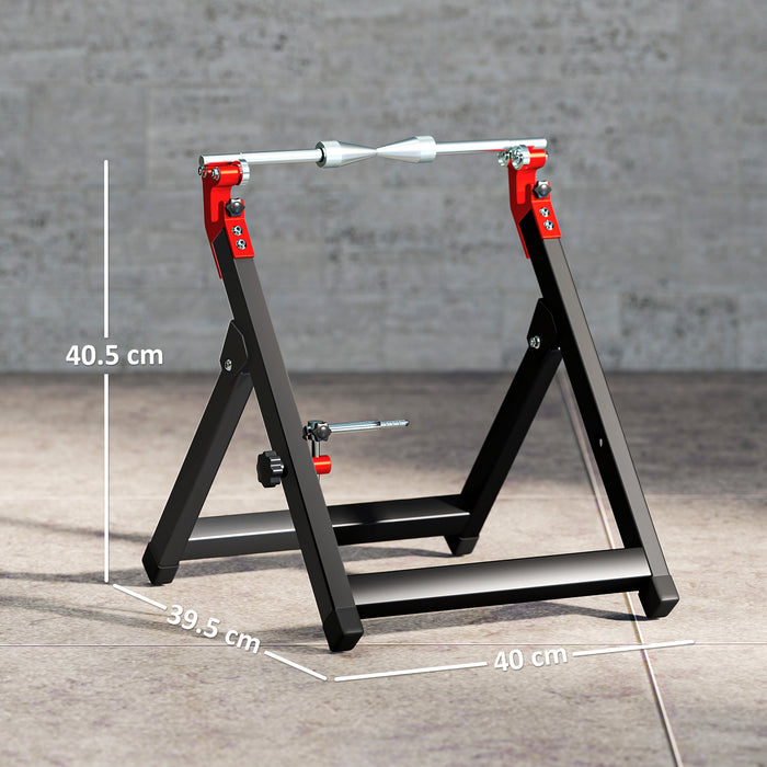 HOMCOM Foldable Motorcycle Wheel Balancer Truing Stand with Spoke Wrench, Steel Bike Tyre Rim Balancing Stand with Aluminium Shaft, Fits Wheels up to 23" in Diameter, 5" in Width, Black