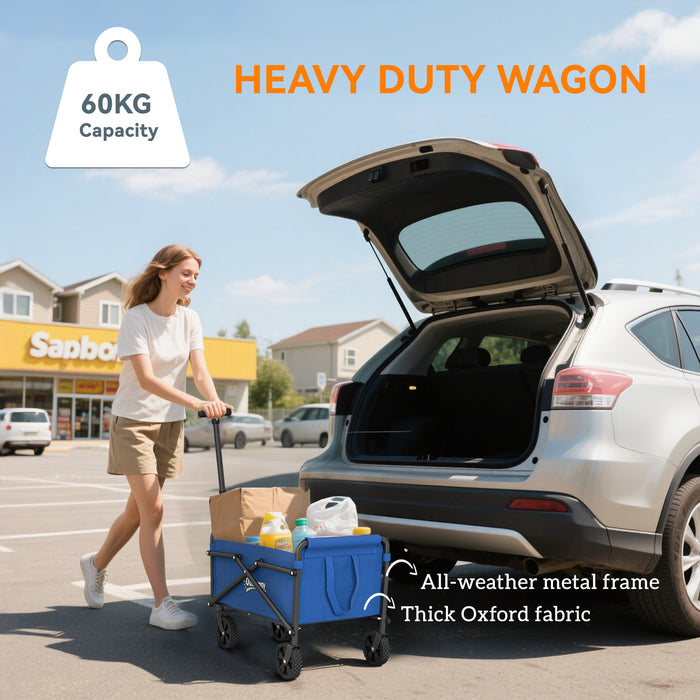 Outsunny 41L Festival Trolley on Wheels, Small Garden Folding Trolley Cart, 60kg Heavy Duty Collapsible Folding Wagon with Adjustable Handle and Carrying Bag for Beach, Camping, Festival, Blue