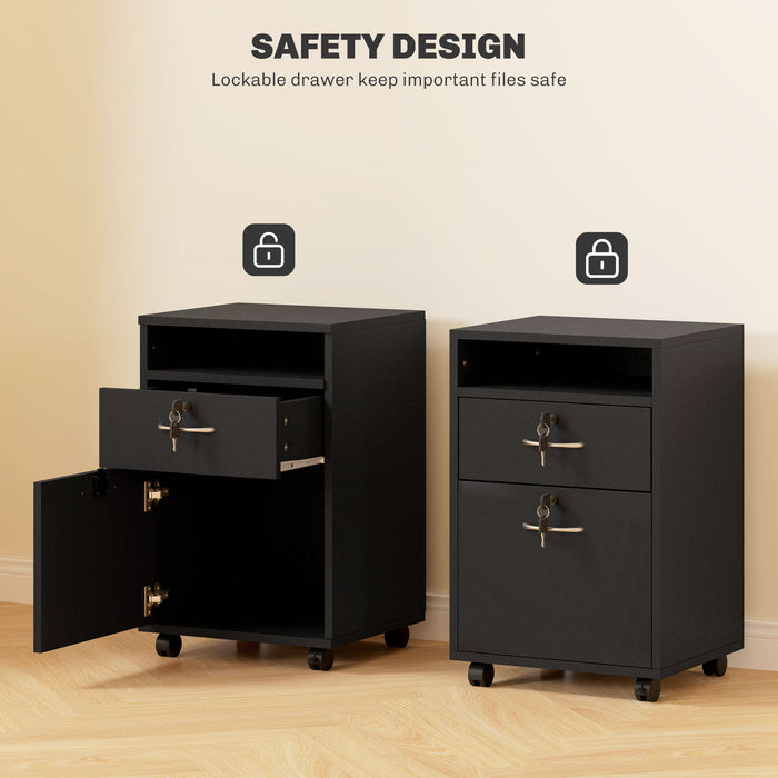 HOMCOM 60cm Storage Cabinet with Drawer, Open Shelf, Metal Handles and 4 Wheels, Office Home Organiser Mobile Printer, Black
