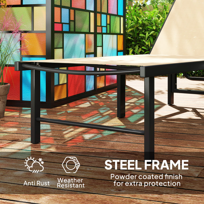 Outsunny Sun Lounger for Garden, 5-Level Adjustable Reclining Sun Lounger Chair, Flat Garden Lounger Sunbed with Texteline Seat, Steel Frame for Patio, Beach, Khaki