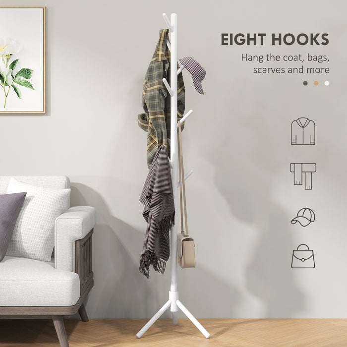 White Wooden Coat Stand with 8 Hooks - Elegant & Durable Clothes Hanger - Ideal for Home or Office Use
