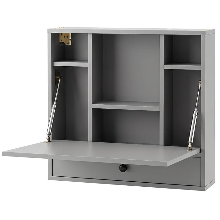 Wall-Mounted Fold-Down Desk Floating Computer Workstation with Drawer and 6 Cubes-