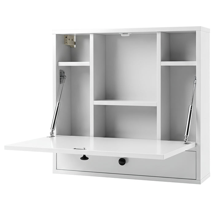 Wall-Mounted Fold-Down Desk Floating Computer Workstation with Drawer and 6 Cubes-