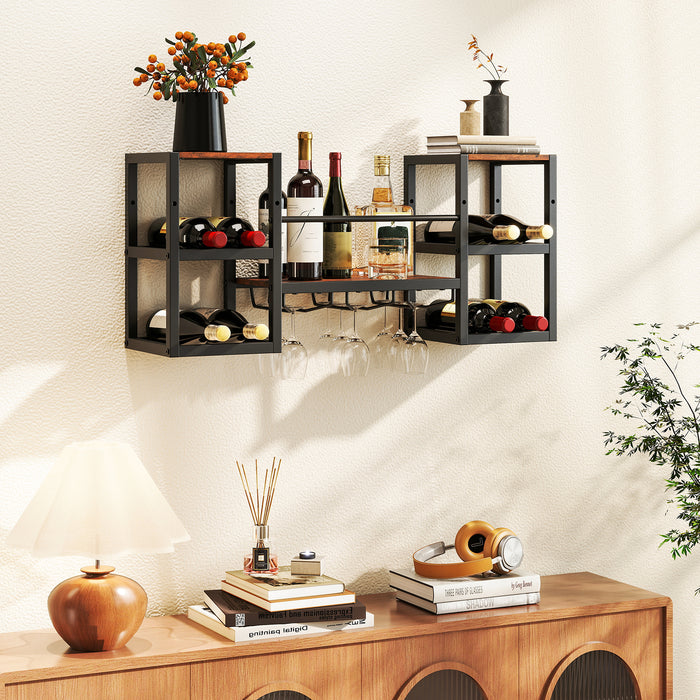 Wall Mounted Wine Rack with Glass Holder, Wine Bottles Open Shelves-